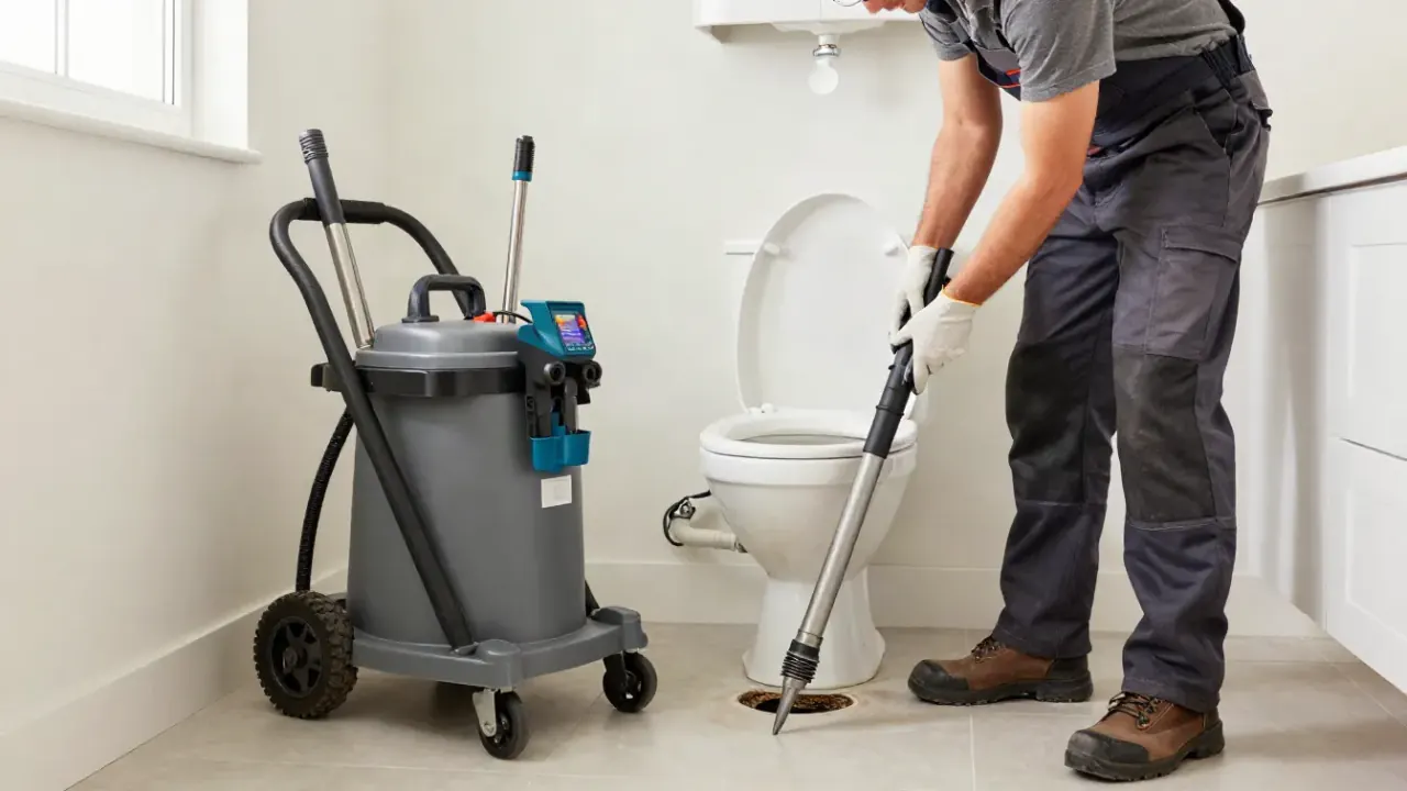 Emergency Drain Cleaning in Bartlett: drain cleaning technician quickly setting up a large, wheeled drain cleaning machine
