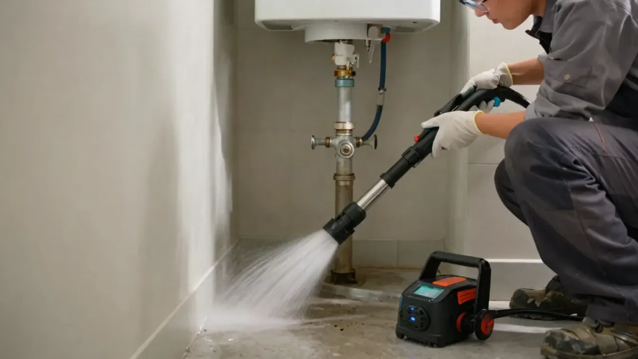 Drain Cleaning in Bartlett: close-up of a hydro-jetting nozzle spraying high-pressure water inside a clear section of a