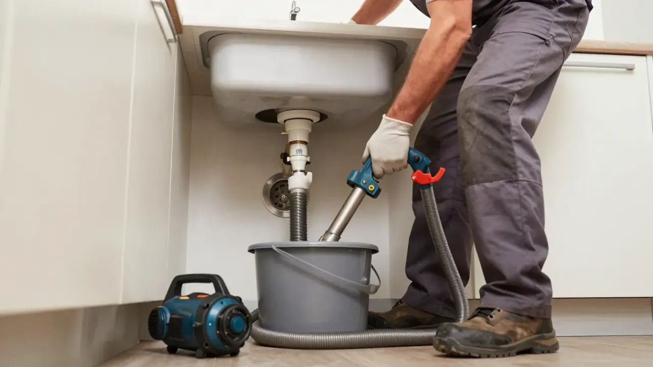 Drain Cleaning in Bartlett: drain cleaning technician feeding a motor-driven drain snake into a kitchen sink drain under the
