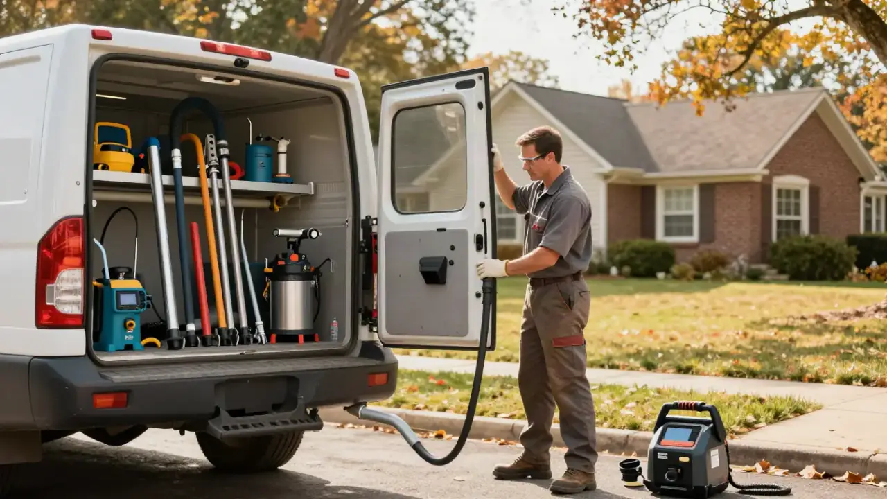 Drain Cleaning in Bartlett: wide shot of a drain cleaning technician standing next to a service vehicle with its back door